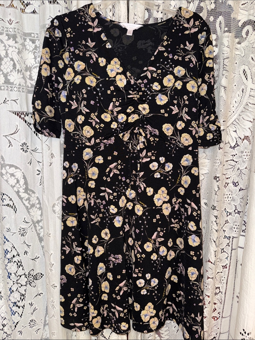 LC Lauren Conrad Black Floral Midi Dress with Yellow and Pink Blooms